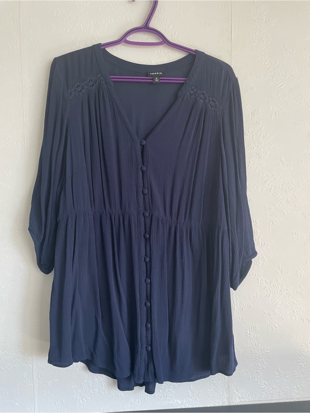 torrid navy button-front peasant tunic with crochet yoke